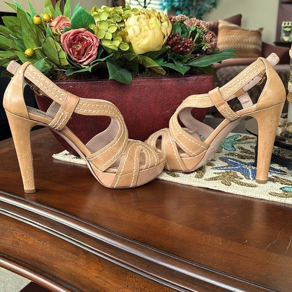 MIU MIU Leather Platform High Heels Neutral Tan Stitched Peep Toe Slingback - Picture 7 of 14
